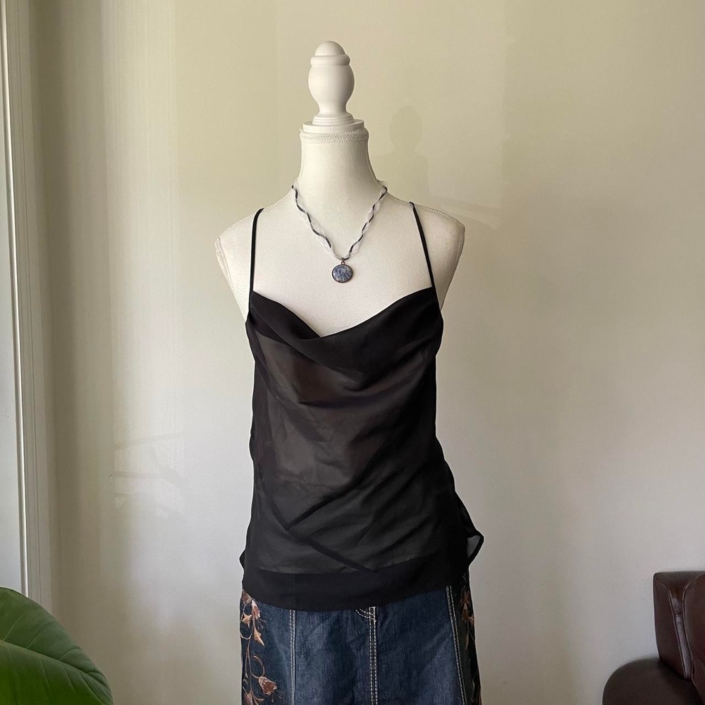 Y2K Mesh Cowl Neck Clubbing Cami Top Open Back Black Sz S going out